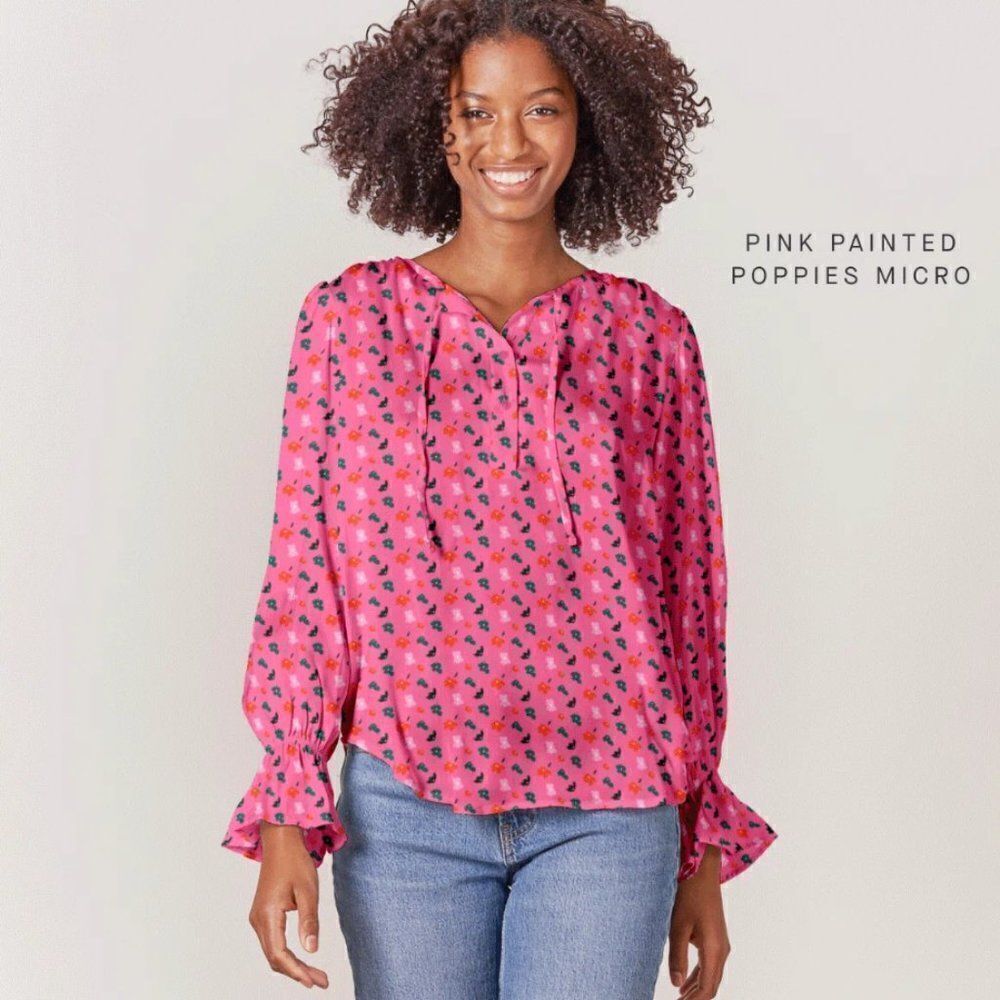Tucker Juliette Blouse Pink Painted Poppies Micro in Silk Crepe de Chine Top